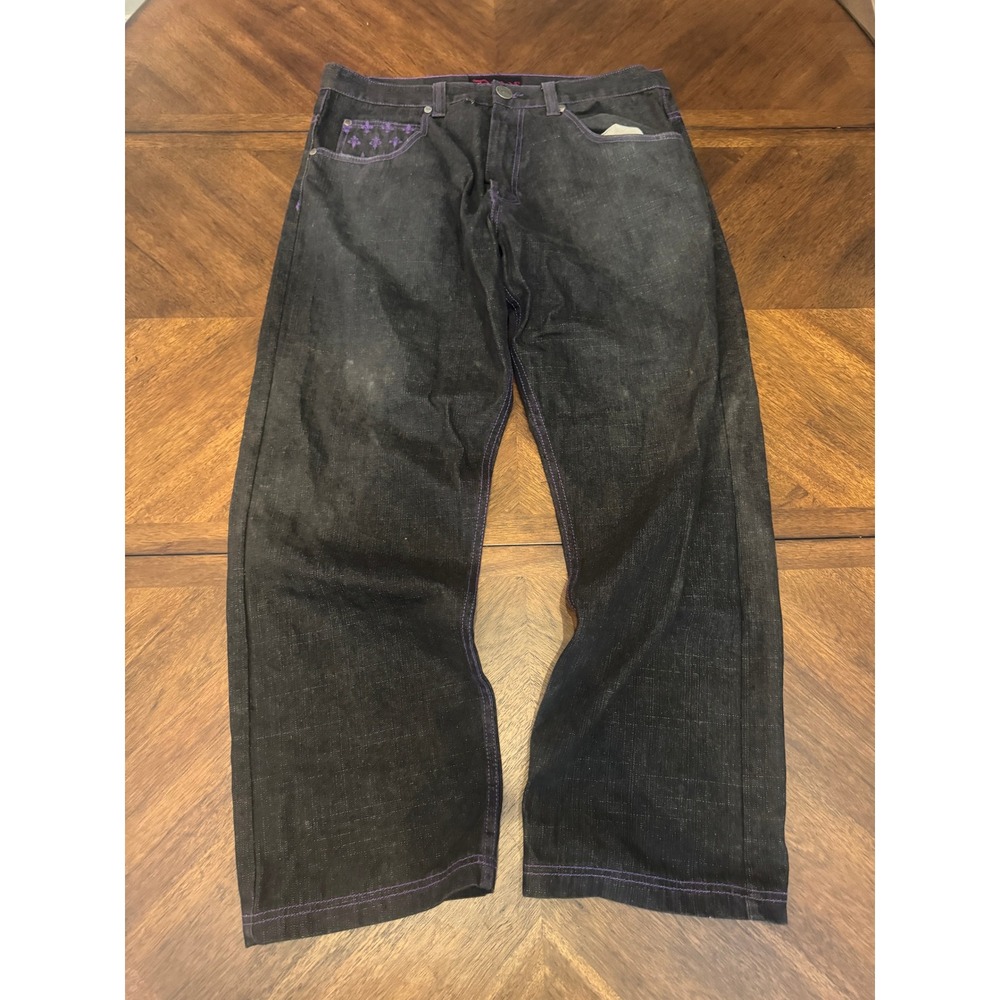 Y2K D Moe Jeans Dark‎ Wash Embroidered Fleur De Lis Men's W40 L32 Cotton |E1